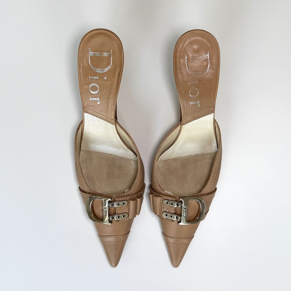 Vintage Dior tan leather pointed-toe mule heels with D buckle, size US 7
